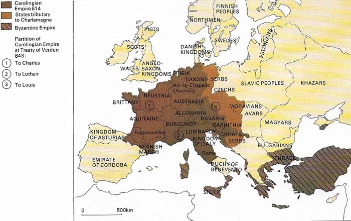 The size of Charlemagne's empire on his death in 814 makes a sharp contrast with thw partitions ratified at Verdun in 843 after 30 years of squabbling among his successors.