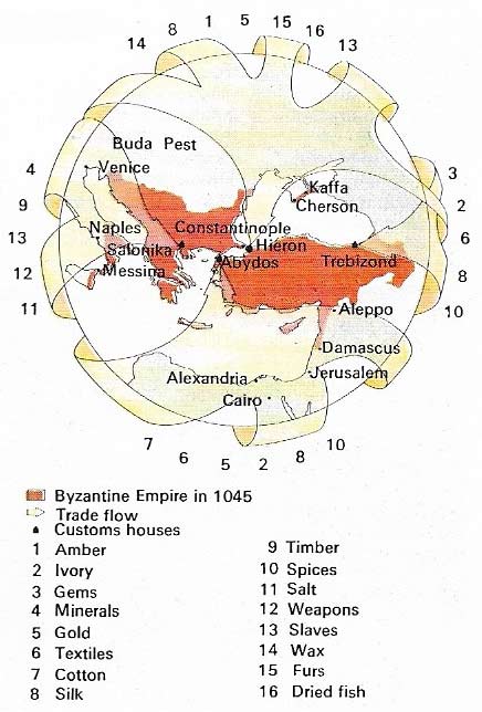 Major trade routes of the 11th century reached a natural junction at Constantinople and the city became a great east-west market.