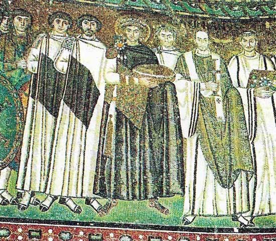 Justinian I is the central figure on a glowing mosaic from the Church of St Vitale, Ravenna.