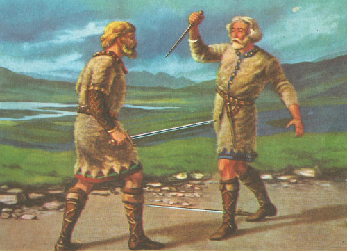 Macbeth's fight with Macduff: Lay on, Macduff; And damned be him that first cries, 'Hold, enough!'