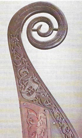 This richly carved ship's prow is part of a complete Viking longship found in a woman's grave of the 9th century at Oseberg in Norway.