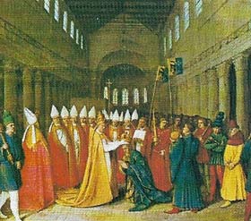 The coronation of Charlemagne by Pope Leo III in St Peter's on Christmas Day 800 was depicted in a 15th-century miniature by Jean Fouquet.