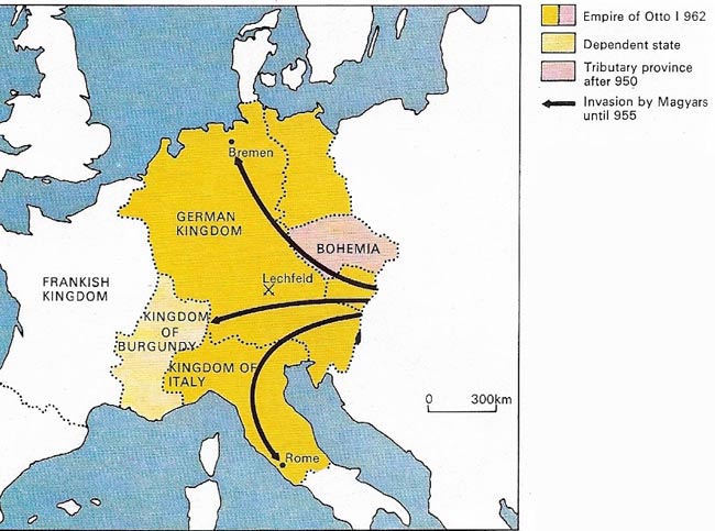 Expansion of the empire folowed the crowning of a Saxon, Otto, as supreme leader of the five German tribal duchies.