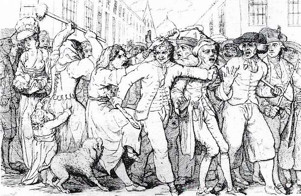 The hated press-gangs, armed with cudgels, terrorised towns as they went ashore and roamed the streets in search of able-bodied men for the navy. Victims were forcibly seized and dragged aboard for medical examination, volunteers were few, for life at sea meant separation from their wives and families for long periods, bad food, wretched con
