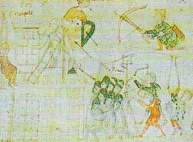 Peter of Eboli's illumination of the siege of Naples (1191) shows the army of Henry VI attempting to enforce his wife's claim to the southern Italian Norman kingdom.