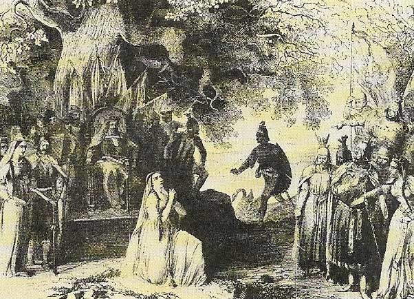 The knight Lohengrin arrives in a boat by a swan in a scene from the first production of Lohengrin by Richard Wagner.