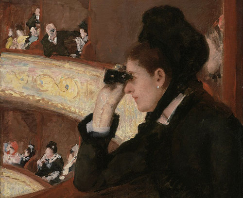 In the Loge (1879) by Mary Stevenson Cassatt shoes a woman watching a performance in Paris.